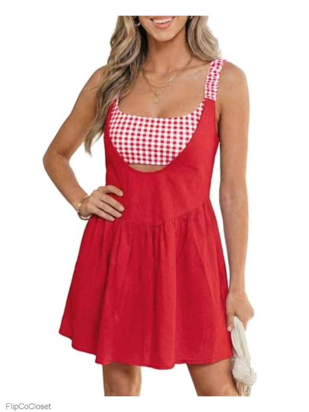 Women's Gingham Patchwork Mini Dress with Built-in Cami Square Neck Flowy